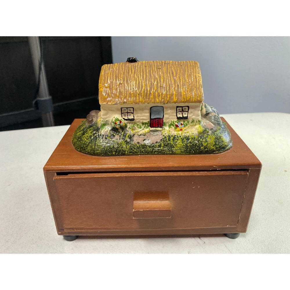 Vintage Irish Cottage Musical Jewelry Box Wood Souvenir Bray Ireland Red Velvet